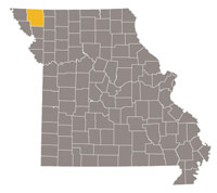 Missouri map with Nodaway County highlighted.