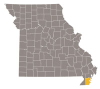 Map of Missouri highlighting Pemiscot County