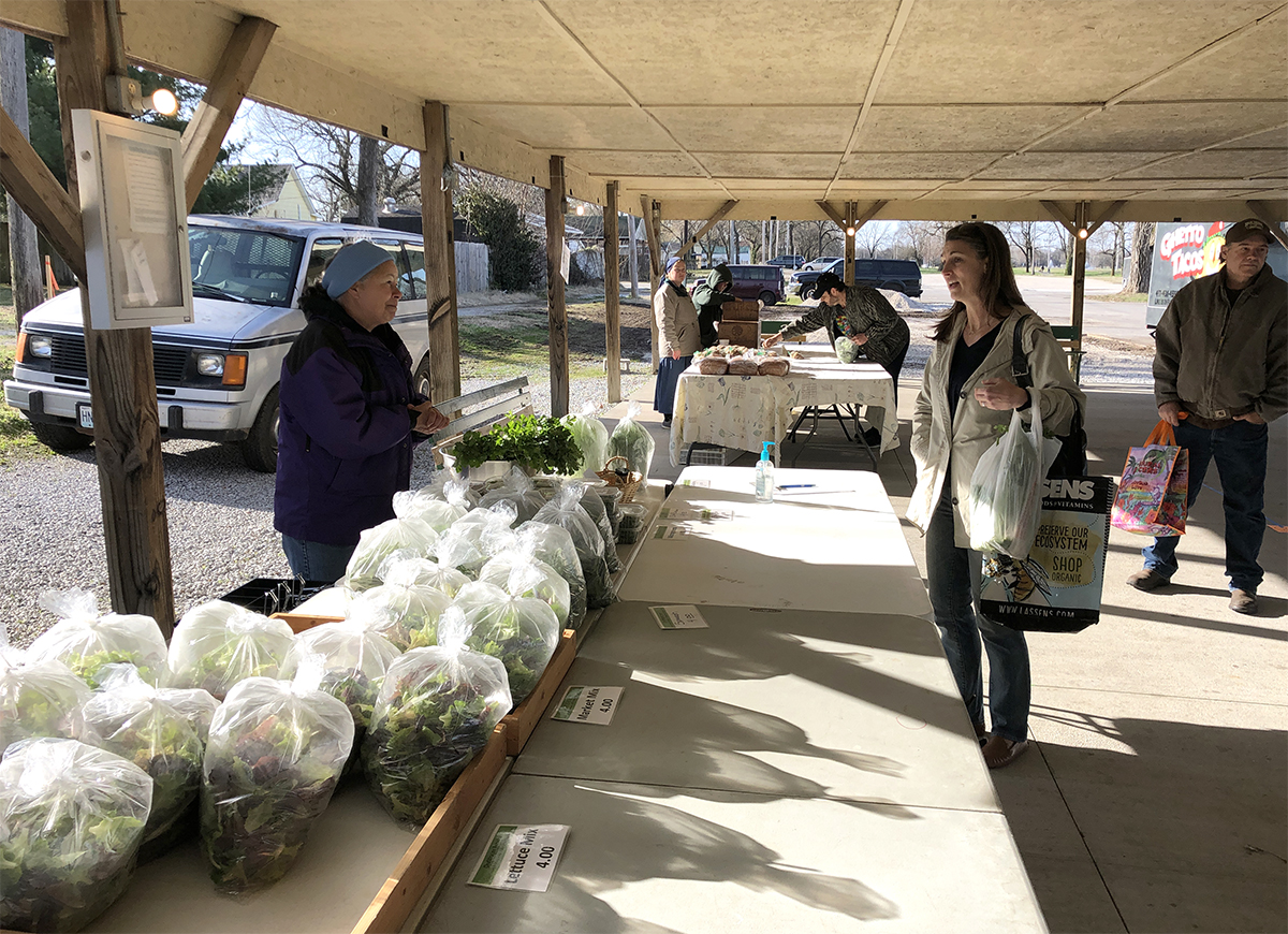 Open Vendors and buyers practice safe social distancing. An extra row of tables keeps them apart, as do market guidelines that discourage the usual friendly chitchat. Photo courtesy of the Webb City Sentinel.