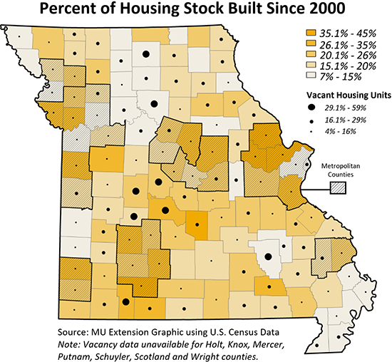 Missouri map showing percent of housing stock built since 2000
