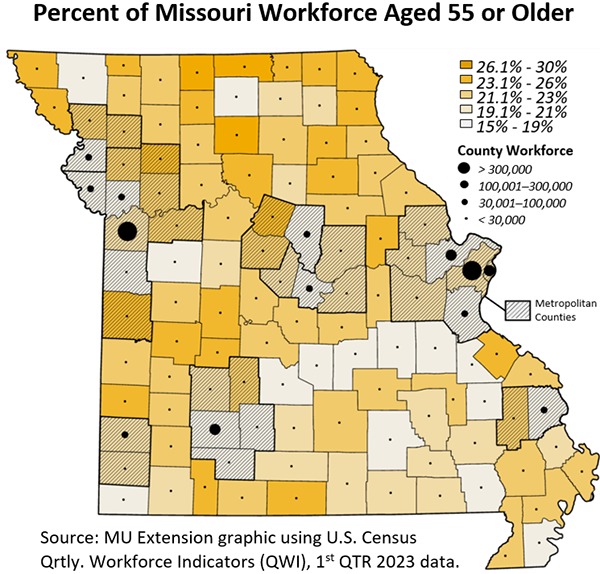 Missouri map showing percent of workforce aged 55 and older