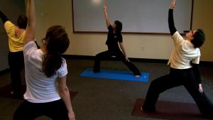 Lynn Rossy leads a yoga class on the MU campus. University of Missouri Cooperative Media Group